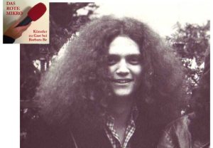Herr Lugus in jungen Jahren mit lockiger, voller Haarpracht und Logo des Roten Mikros