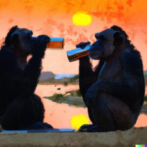 Monday Night Show Monday Night Show Titelbild DALL·E 2023 01 20 22.10.31 Two Schimpanees (male And Female) With A Beautiful Sunset Behind Them Drinking In Front Of Two Oldschool Radio Microphones In Aquarell Style
