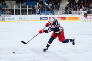 Székesfehérvár, Hungary - November 22: Philipp Sinn of EC Red Bull Salzburg performs during the ICE Hockey League game Hydro Fehérvár AV19 vs. EC Red Bull Salzburg on November 22, 2024 in Székesfehérvár, Hungary.